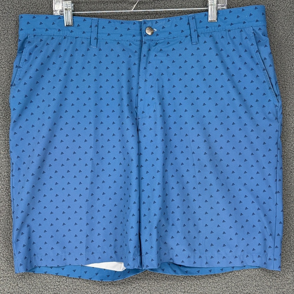 Adidas Mens Golf Shorts Blue All Over Logo Print Size 38 Performance Activewear